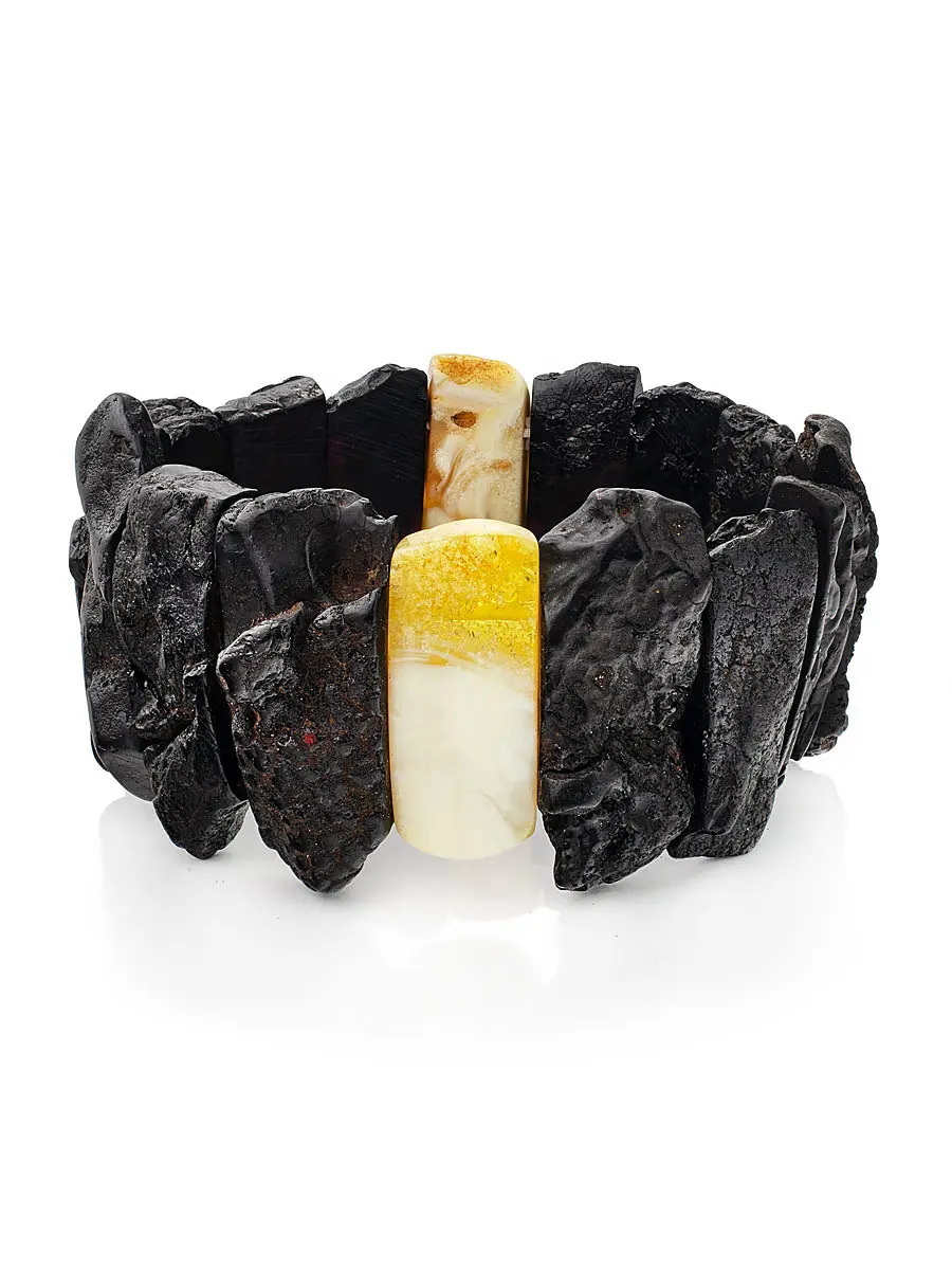 картинка Неширокий браслет «Помпеи» из чёрного янтаря с контрастной вставкой в онлайн магазине