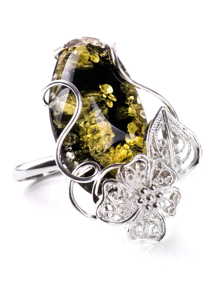 картинка Серебряное кольцо с крупным зелёным искрящимся янтарём «Филигрань» в онлайн магазине