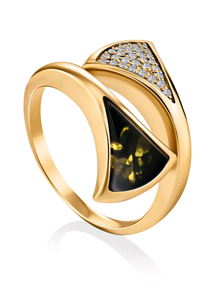 картинка Восхитительное кольцо «Рим» из позолоченного серебра с янтарем и фианитами в онлайн магазине