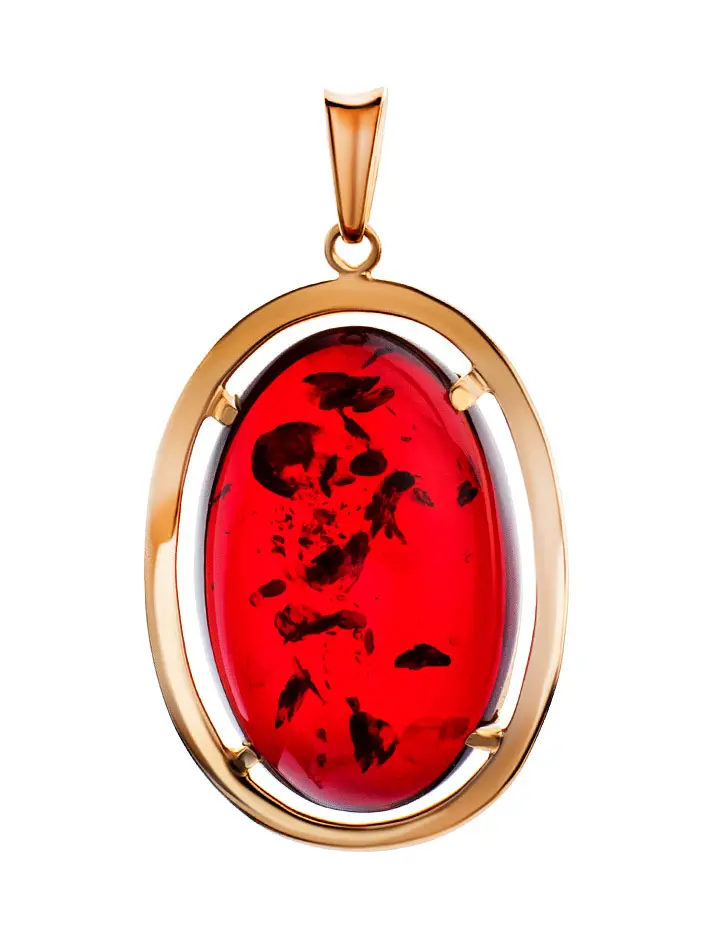 картинка Крупный позолоченный кулон с ярко-красным янтарём «Элегия» в онлайн магазине