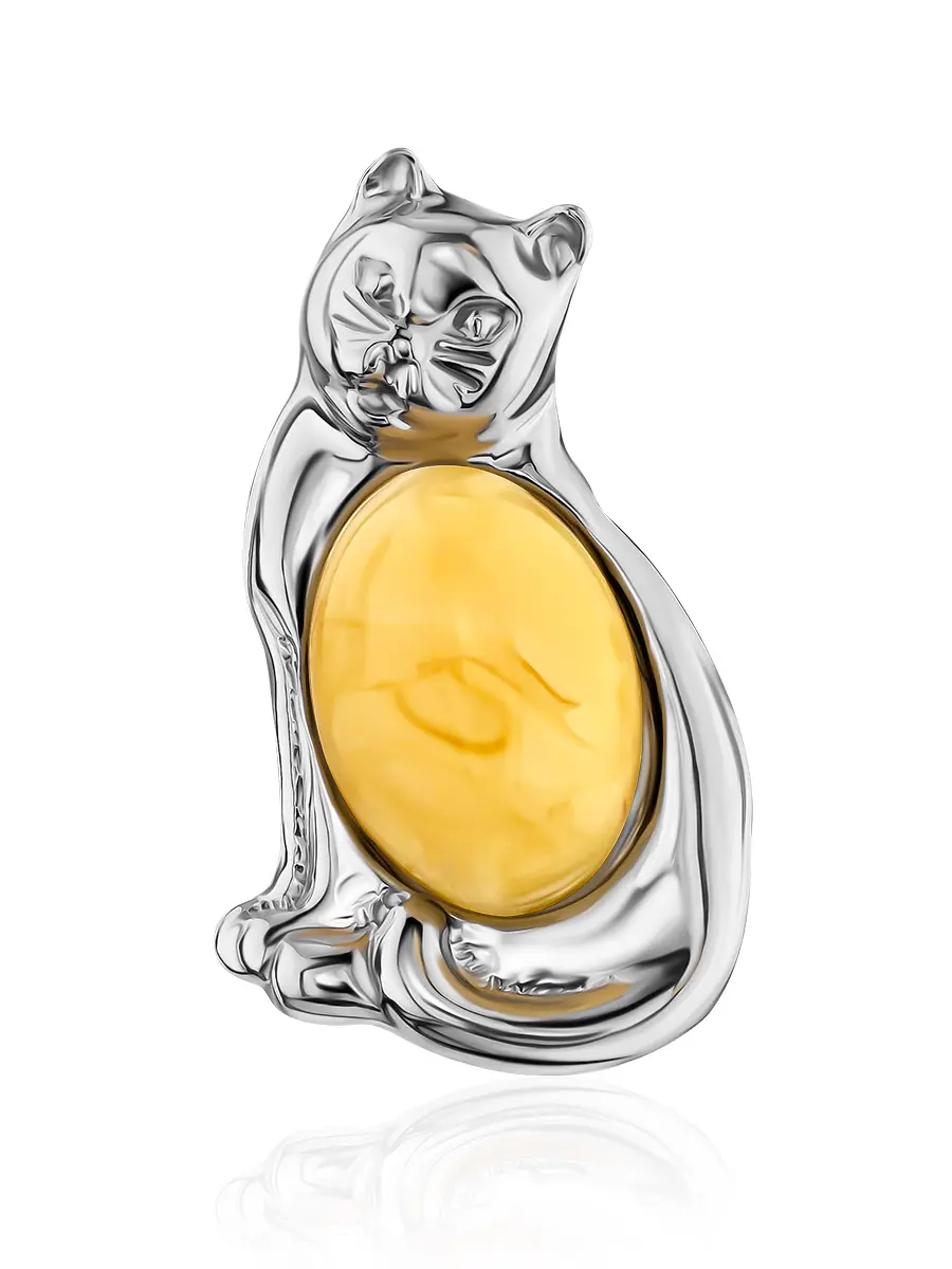 картинка Небольшой серебряный кулон из натурального медового янтаря в серебре «Кошка» в онлайн магазине
