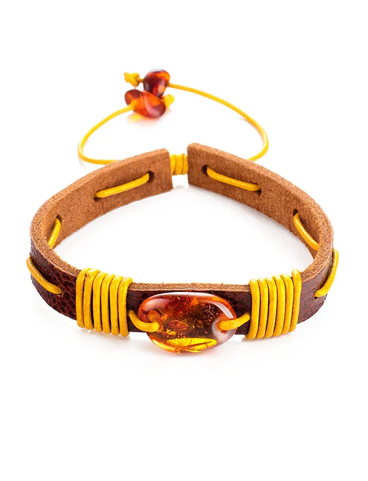 картинка Яркий браслет из кожи с кусочком натурального янтаря «Копакабана» в онлайн магазине