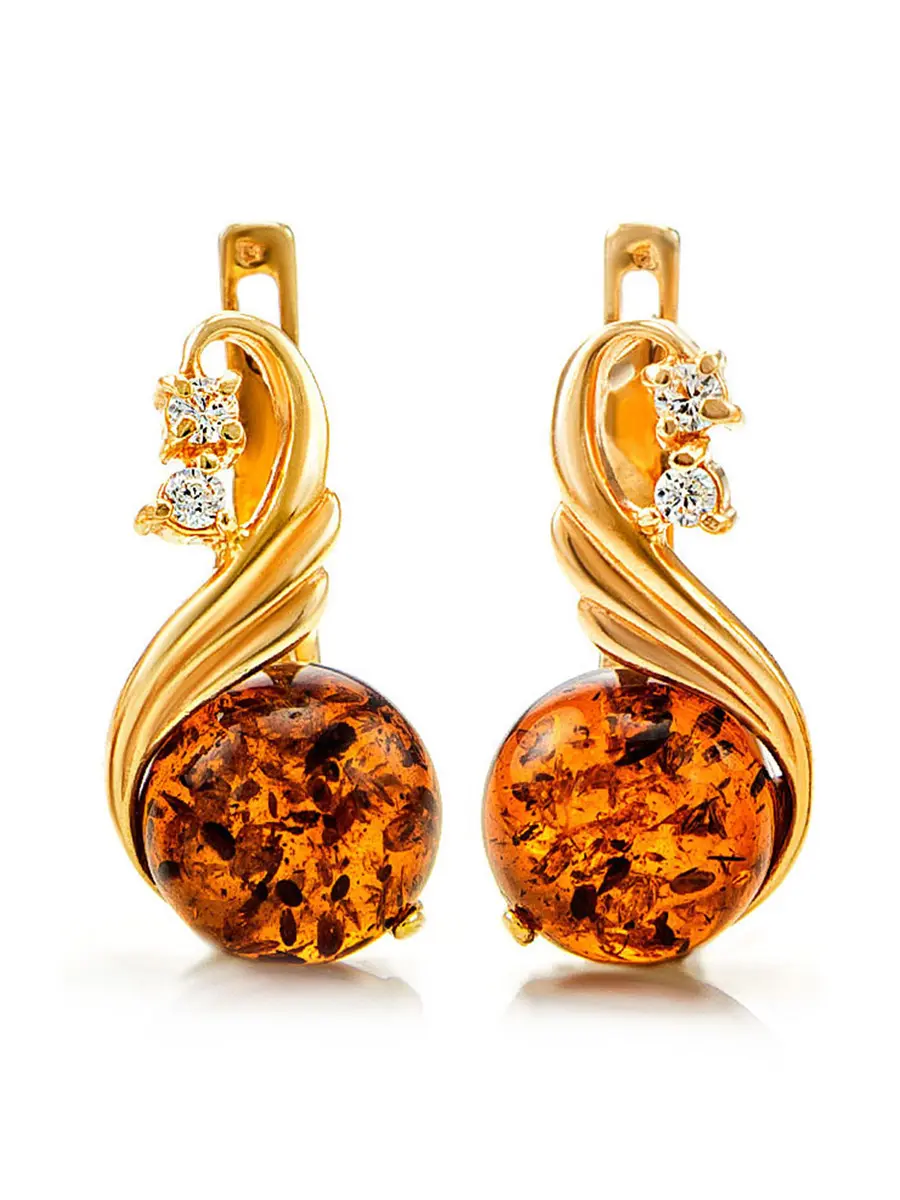 картинка Серьги из золота, украшенные янтарём коньячного цвета и цирконитами «Лебедь» в онлайн магазине
