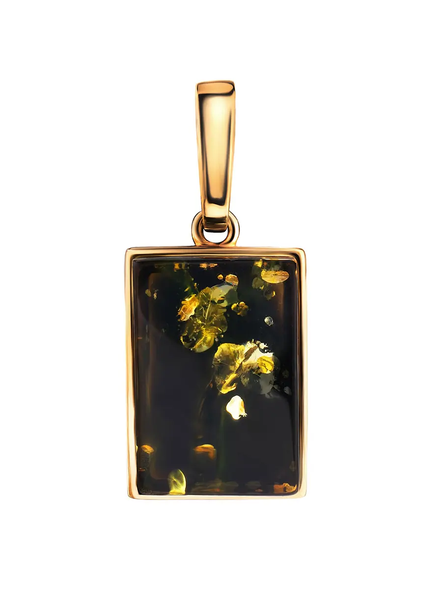 картинка Прямоугольный кулон из золочённого серебра с натуральным зелёным янтарём «Спарта» в онлайн магазине