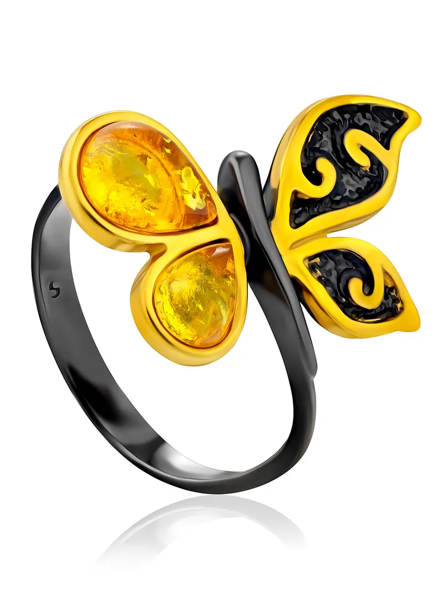 картинка Стильное яркое кольцо-бабочка из серебра и янтаря «Апрель» в онлайн магазине