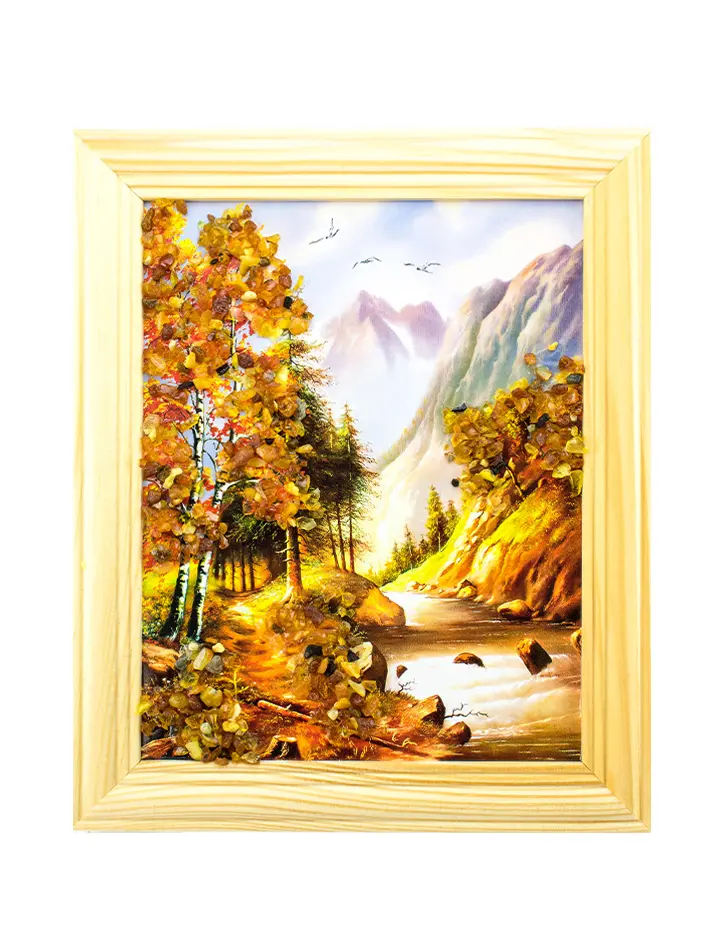 картинка «Горный пейзаж». Небольшая вертикально ориентированная картина, украшенная янтарем в онлайн магазине
