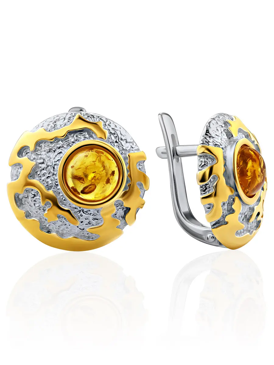 картинка Небольшие круглые серьги из серебра и натурального янтаря «Донателла» в онлайн магазине