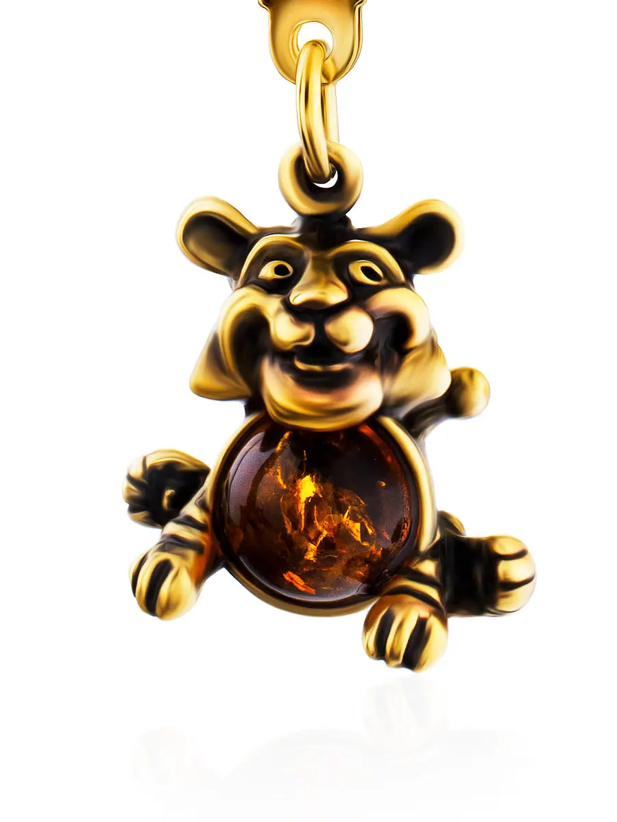картинка Брелок для ключей, украшенный натуральным янтарём «Весёлый тигр» в онлайн магазине
