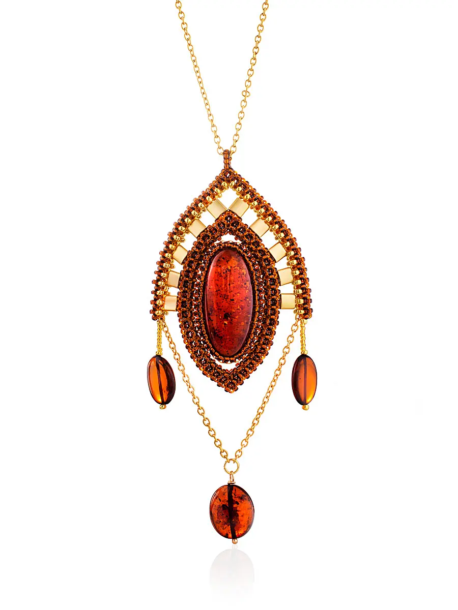 картинка Плетёный из бисера и натурального янтаря кулон на цепочке «Лукоморье» в онлайн магазине