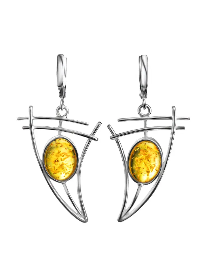 картинка Оригинальные серьги из серебра и лимонного янтаря «Парус» в онлайн магазине