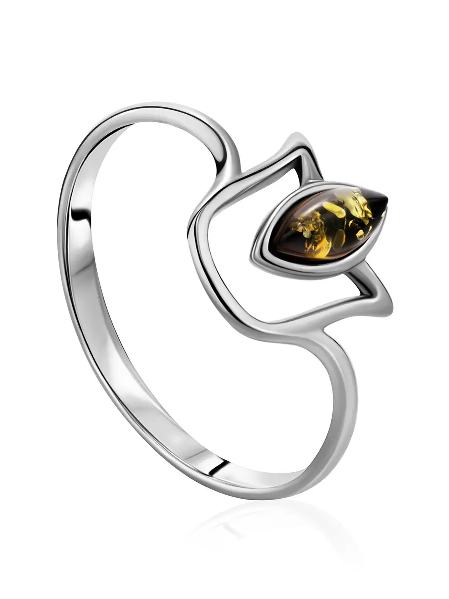 картинка Лёгкое тонкое кольцо из серебра с янтарём зелёного цвета «Тюльпан» в онлайн магазине
