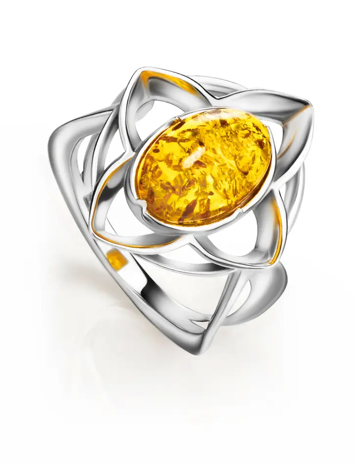 картинка Яркое кольцо из серебра и искрящегося лимонного янтаря «Амьен» в онлайн магазине