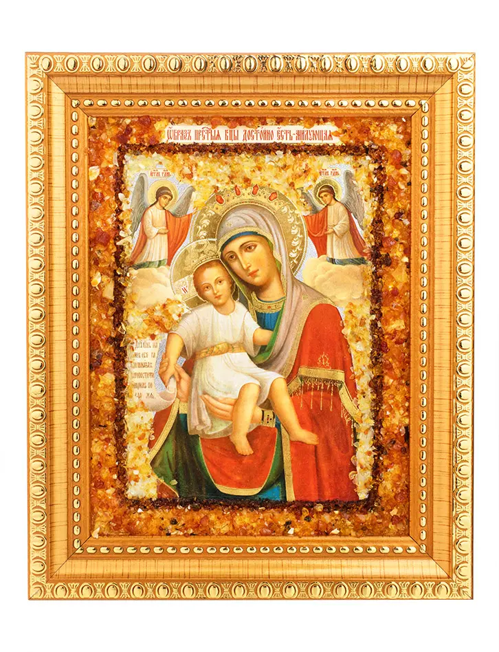 картинка Икона Божией Матери «Достойно Есть», украшенная натуральным янтарём в онлайн магазине