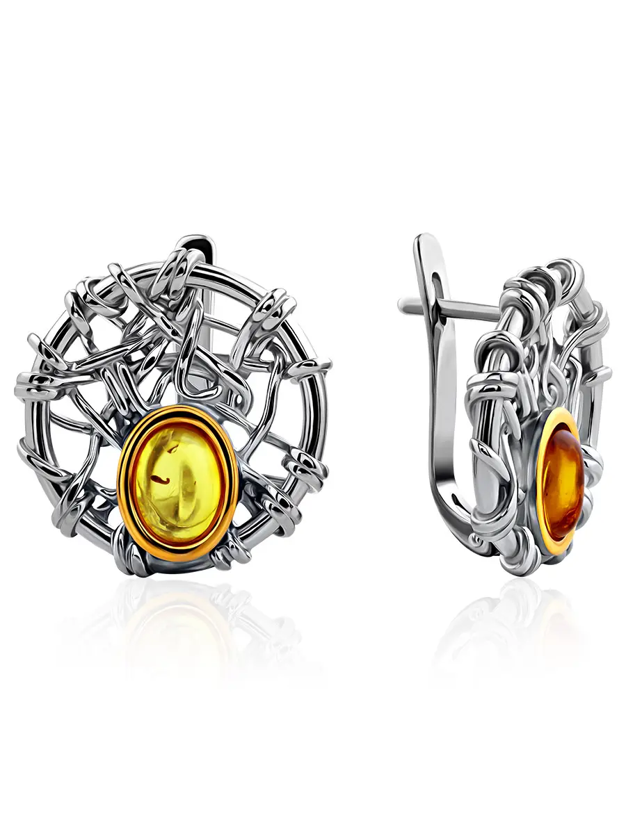 картинка Стильные серьги «Гнездо» из серебра и натурального янтаря в онлайн магазине