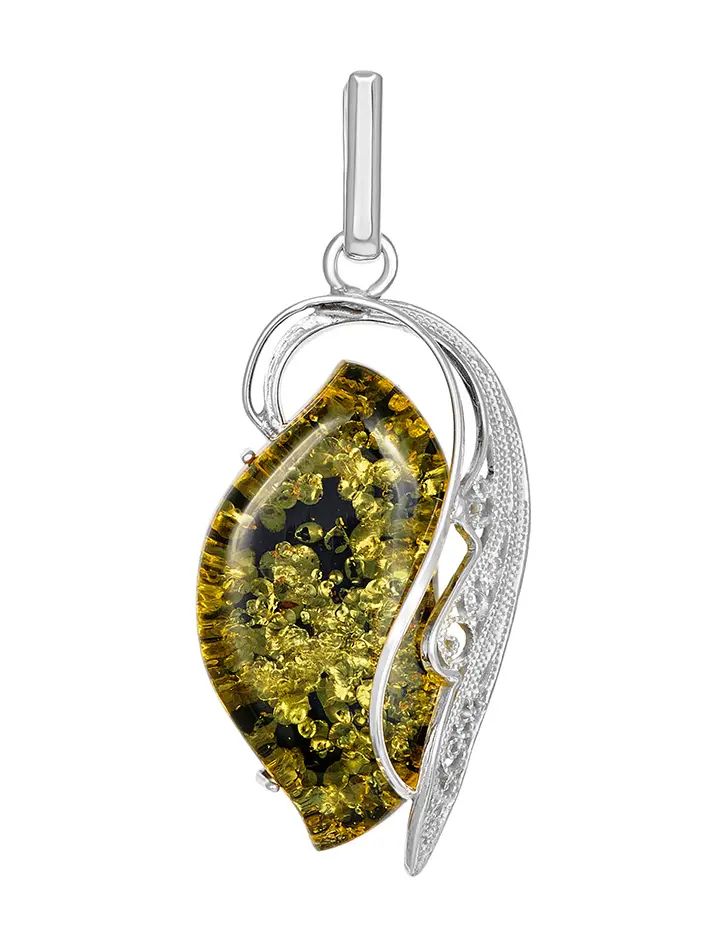 картинка Удлинённая серебряная подвеска из натурального искрящегося янтаря зеленого цвета «Крылышко» в онлайн магазине