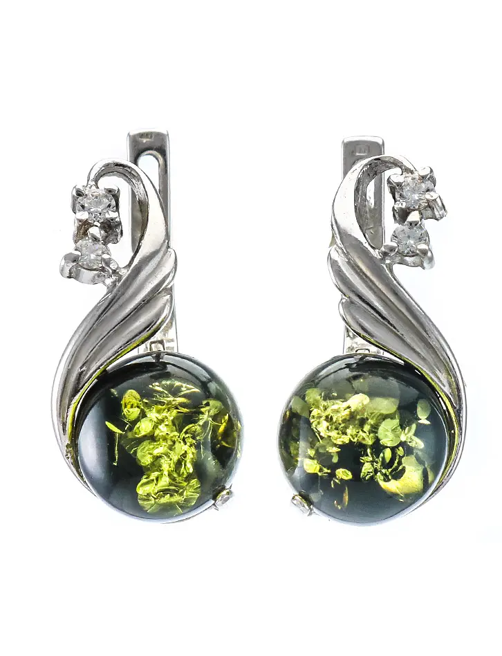 картинка Изящные серьги из натурального янтаря насыщенного зеленого цвета в серебре «Лебедь» в онлайн магазине