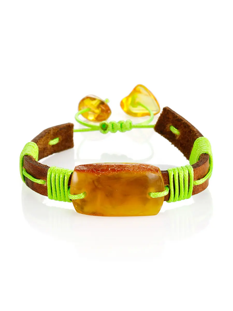 картинка Яркий браслет из кожи с прямоугольным янтарём «Копакабана» в онлайн магазине