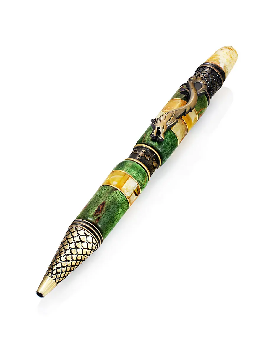 картинка Необычная ручка с тонированным деревом и натуральным янтарём «Дракон» в онлайн магазине