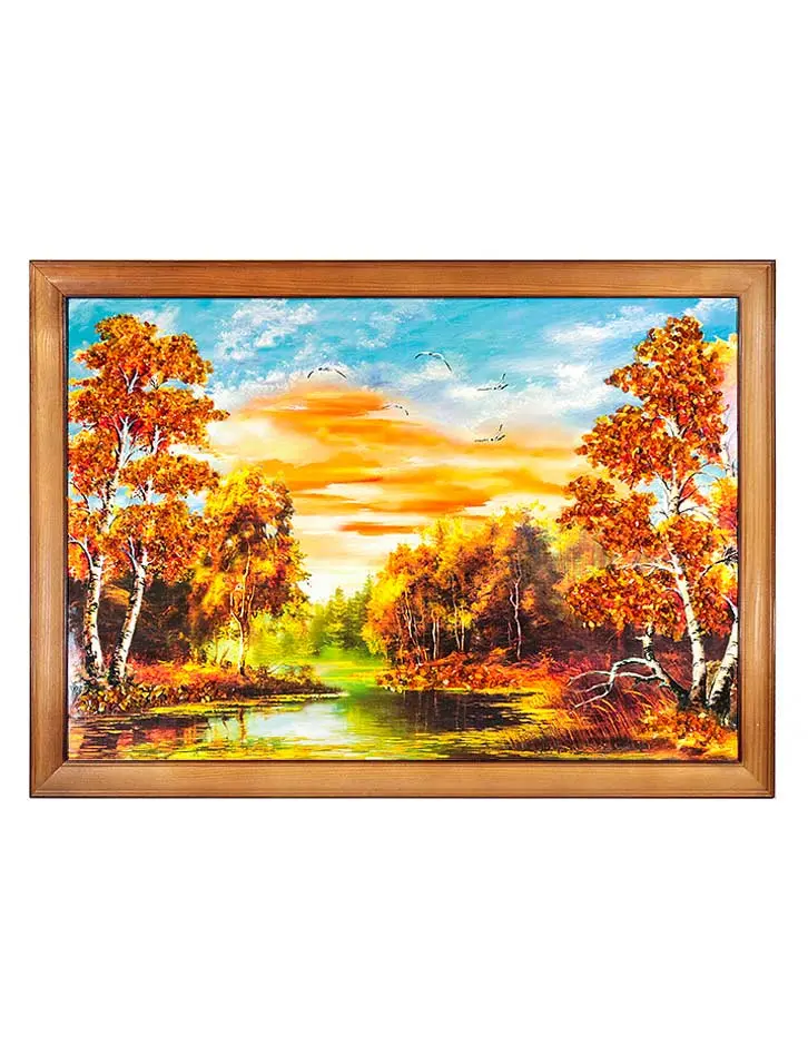 картинка Роскошная яркая картина с лесным пейзажем, украшенная натуральным балтийским янтарём в онлайн магазине