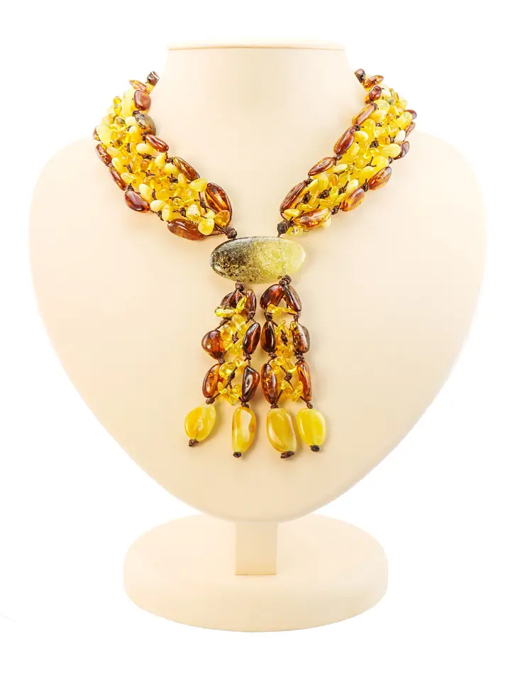 картинка Колье из натурального янтаря коньячного, медового и лимонного цветов «Плетеный галстук» в онлайн магазине