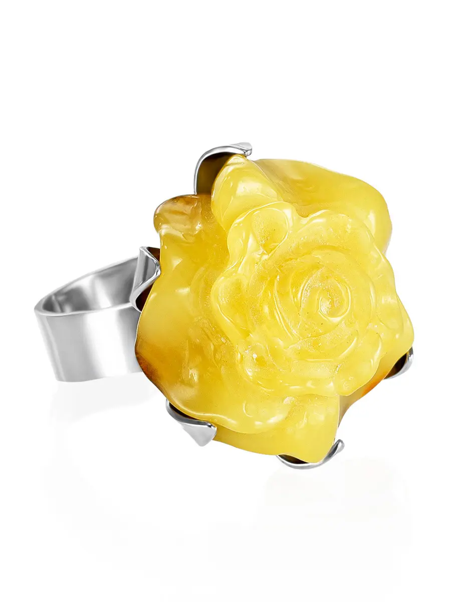 картинка Кольцо из серебра 925 пробы с вставкой из натурального янтаря «Белая роза» в онлайн магазине