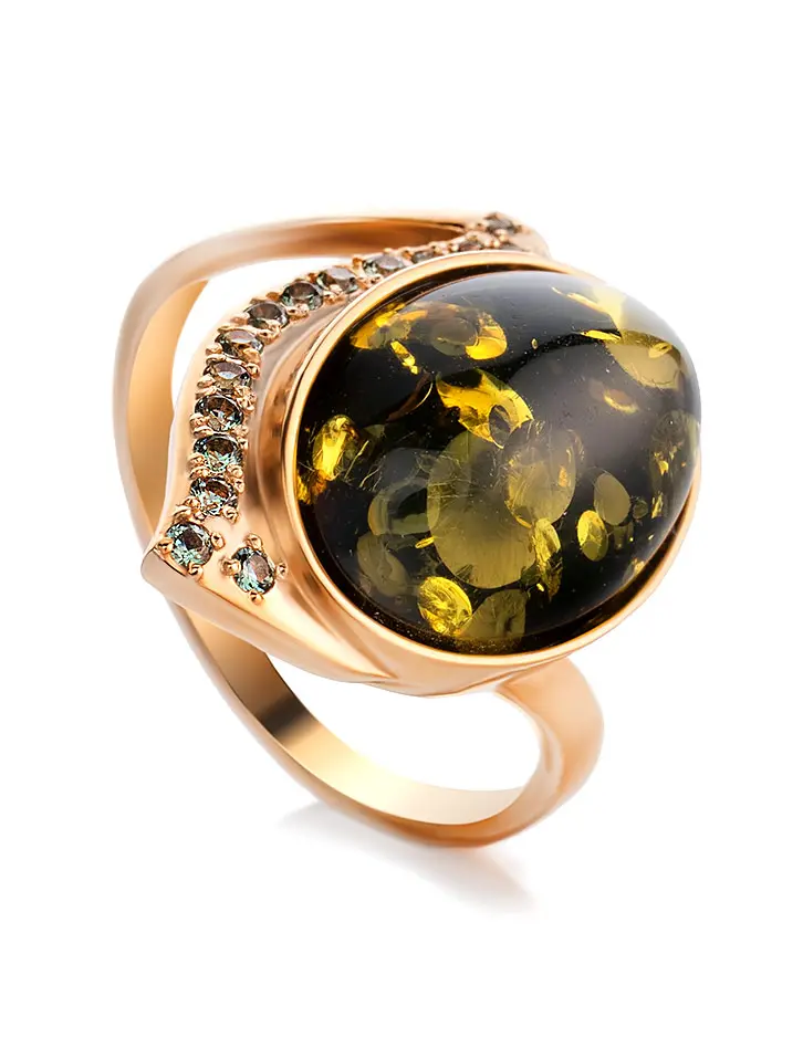 картинка Оригинальное кольцо из золота, украшенное натуральным янтарём и цирконитами «Ренессанс» в онлайн магазине