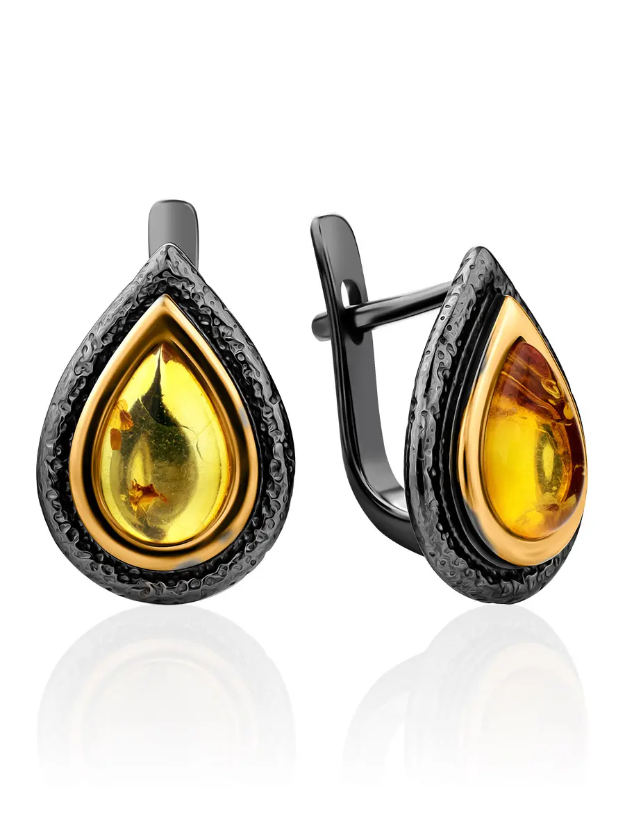картинка Небольшие стильные серьги с натуральным золотистым янтарём «Змейка» в онлайн магазине