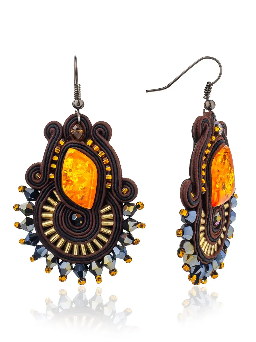 картинка Крупные плетеные ажурные серьги с вставками из натурального золотистого янтаря «Индия» в онлайн магазине