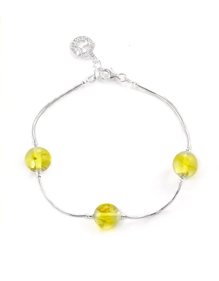 картинка Изысканный серебряный браслет с шариками проставками из натурального лимонного янтаря «Олимпия» в онлайн магазине