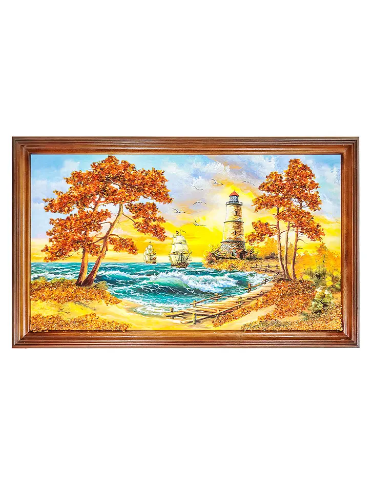 картинка Янтарная картина горизонтального формата  «Парусники и маяк» в онлайн магазине