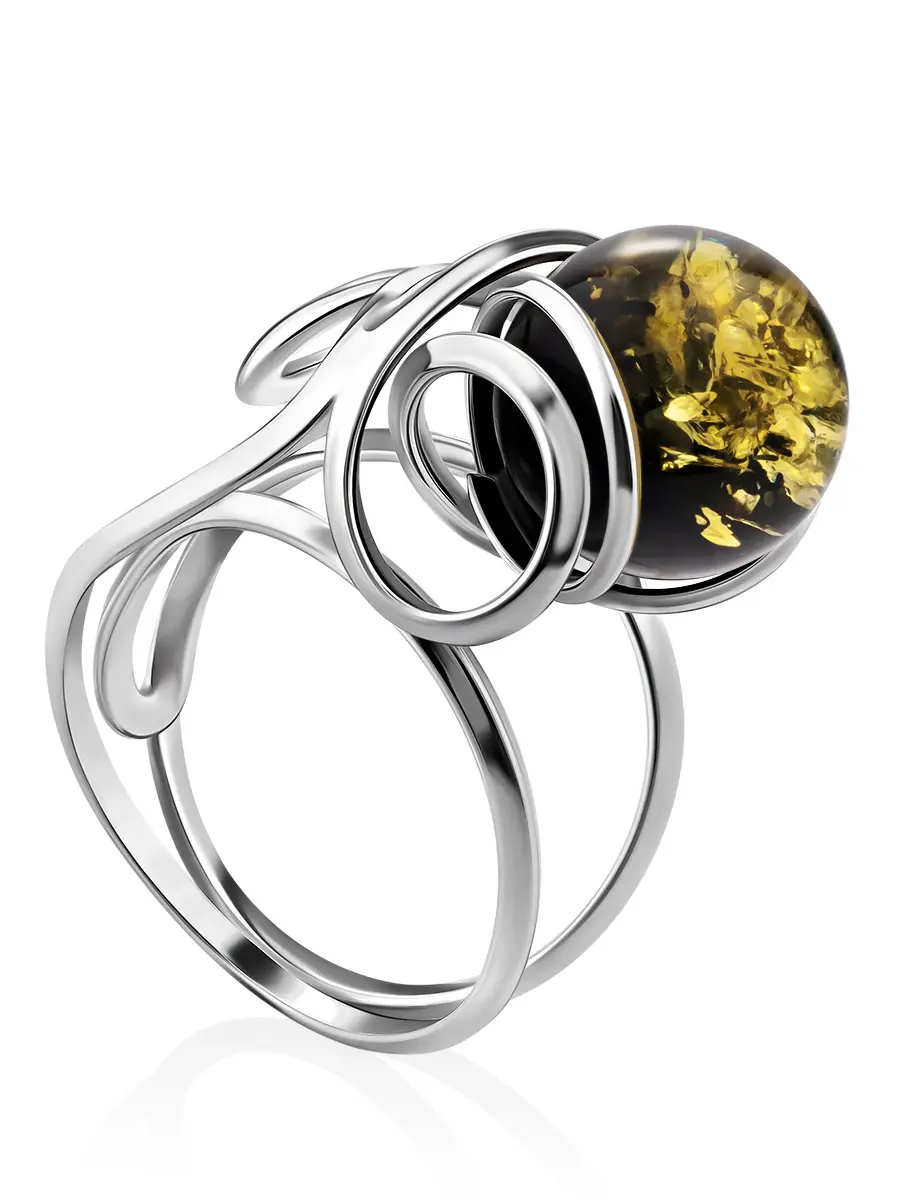 картинка Яркое серебряное кольцо с зелёным янтарём «Валенсия» в онлайн магазине