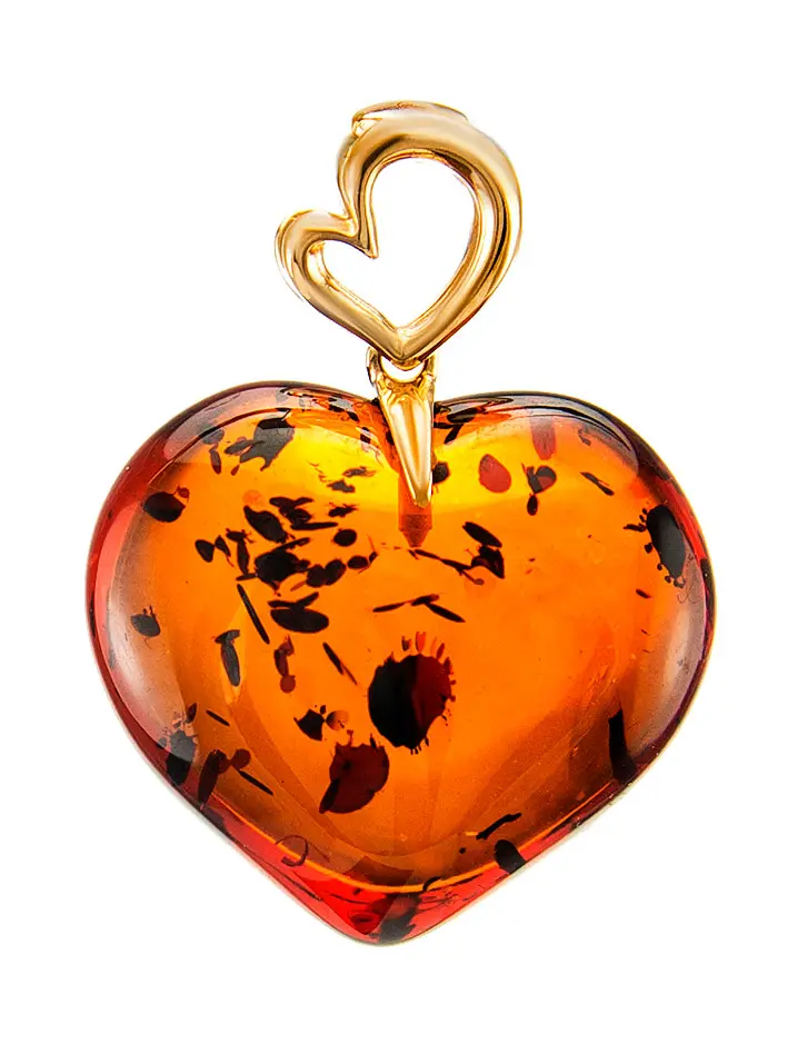 картинка Кулон-сердце из натурального вишнёвого янтаря на ажурном золотом креплении в онлайн магазине