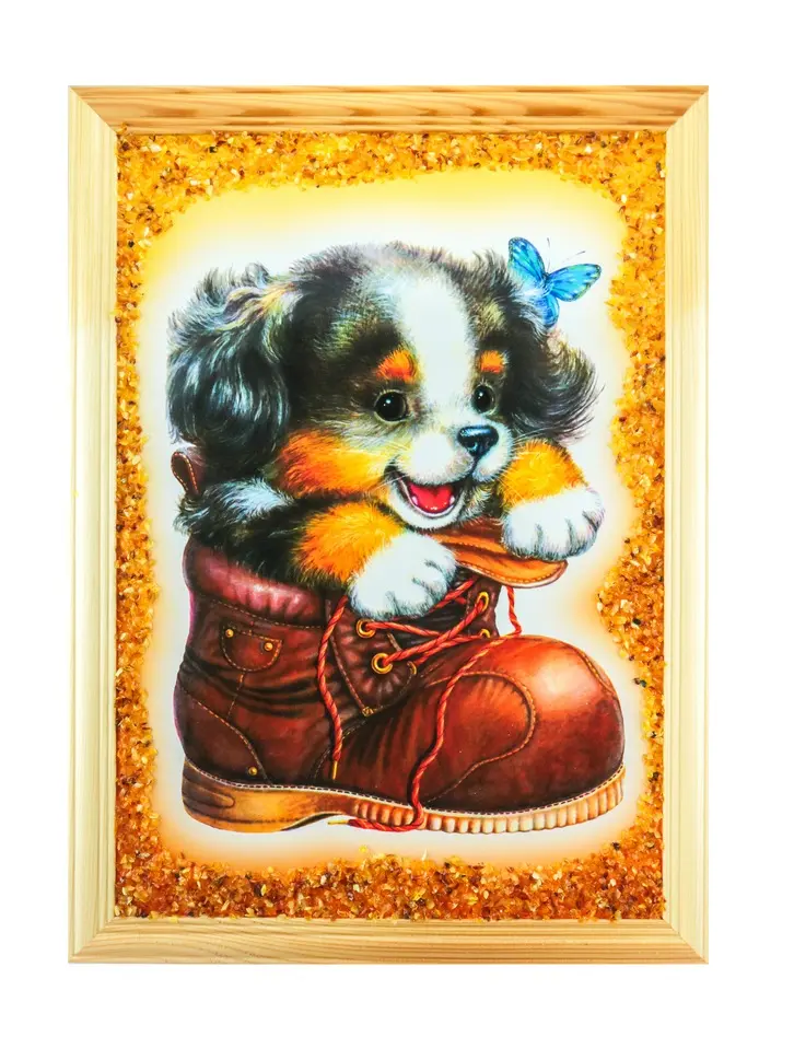 картинка Вертикальная картина «Щеночек», украшенная янтарём  в онлайн магазине