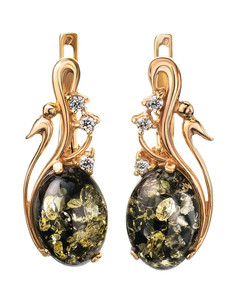 картинка Изящные серьги из золочённого серебра и янтаря зелёного цвета «Мелисса» в онлайн магазине