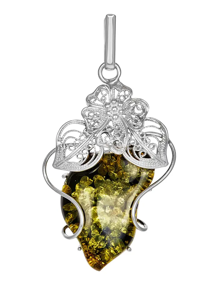картинка Крупная нарядная подвеска из натурального сверкающего янтаря зеленого цвета в серебре «Филигрань» в онлайн магазине