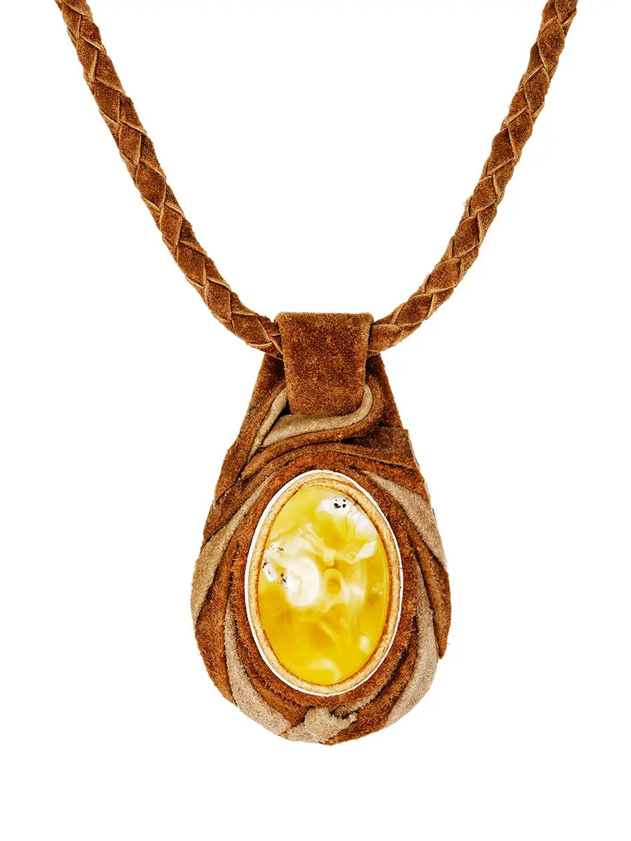 картинка Оригинальное ожерелье из кожи и текстурного янтаря «Амазонка» в онлайн магазине