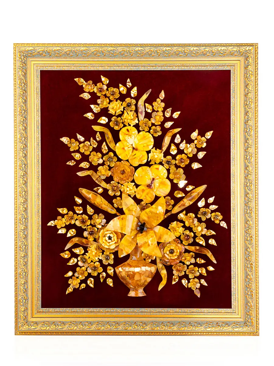 картинка Красивая картина из натурального янтаря на красном бархате «Летний букет» 59 см х 49 см в онлайн магазине