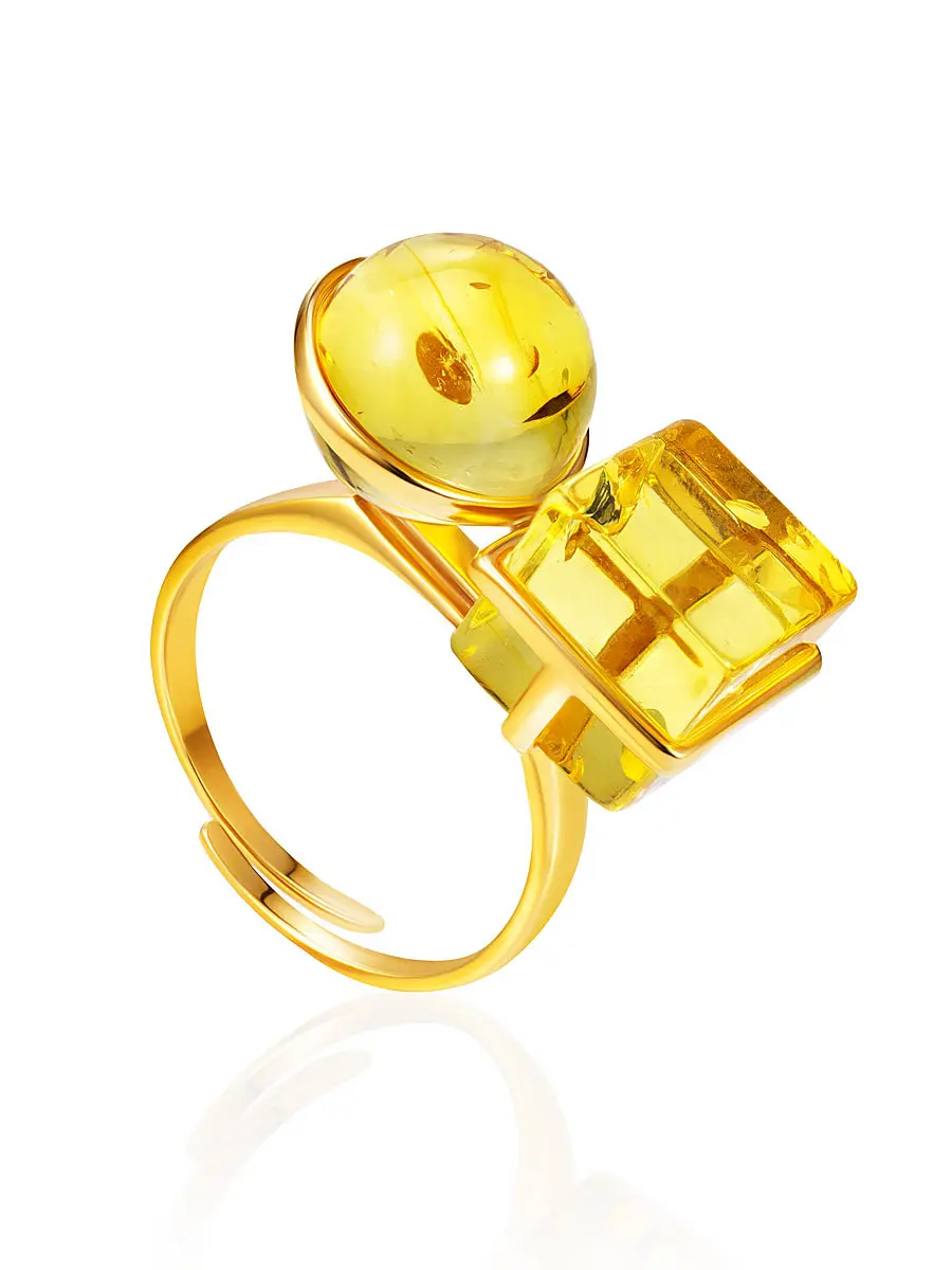 картинка Стильное объёмное кольцо «Рафинад» с ярко-лимонным янтарём в онлайн магазине