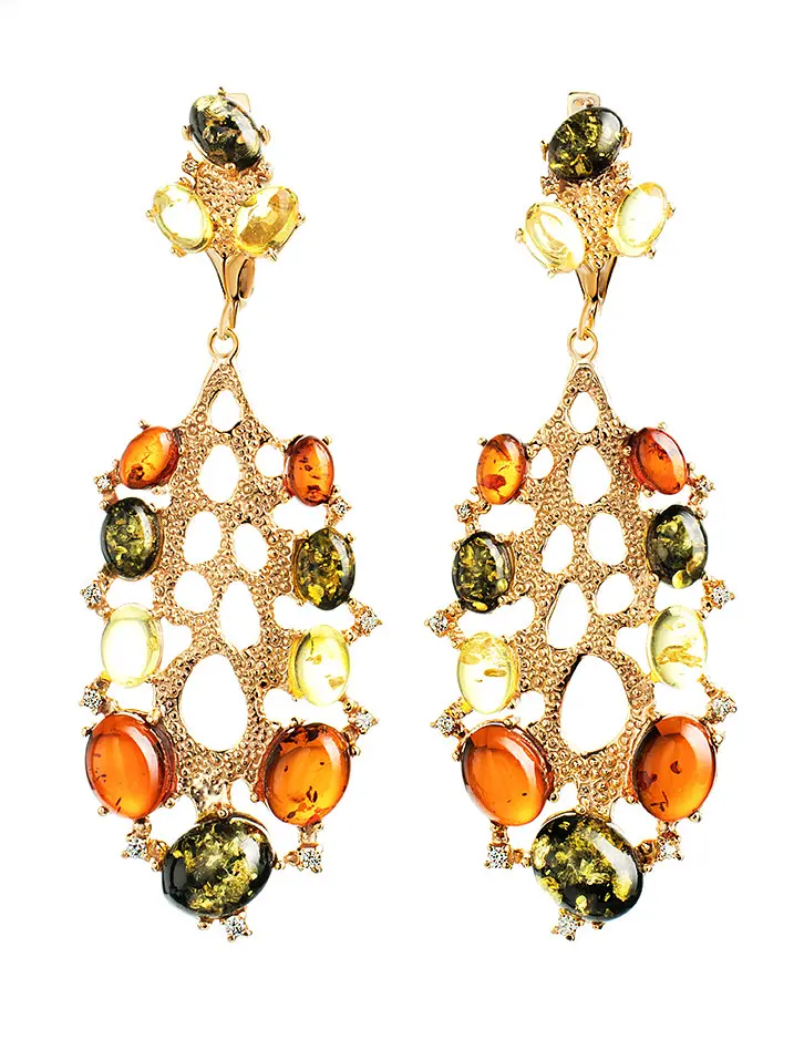 картинка Роскошные серьги из позолоченного серебра с натуральным янтарём разных цветов «Верди» в онлайн магазине