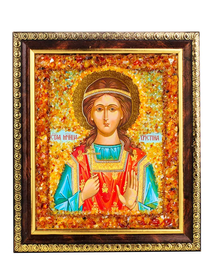 картинка Именная икона, украшенная натуральным янтарём «Святая мученица Кристина» в онлайн магазине