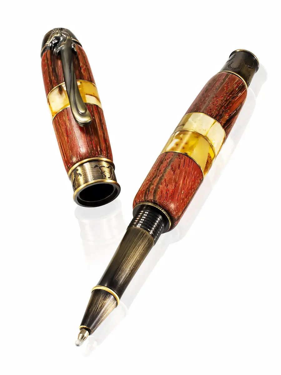 картинка Ручка из древесины зебрано и натурального янтаря «Мустанг» в онлайн магазине