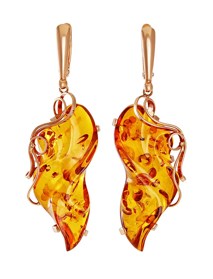 картинка Золотые серьги «Риальто» с цельным золотистым янтарём в онлайн магазине