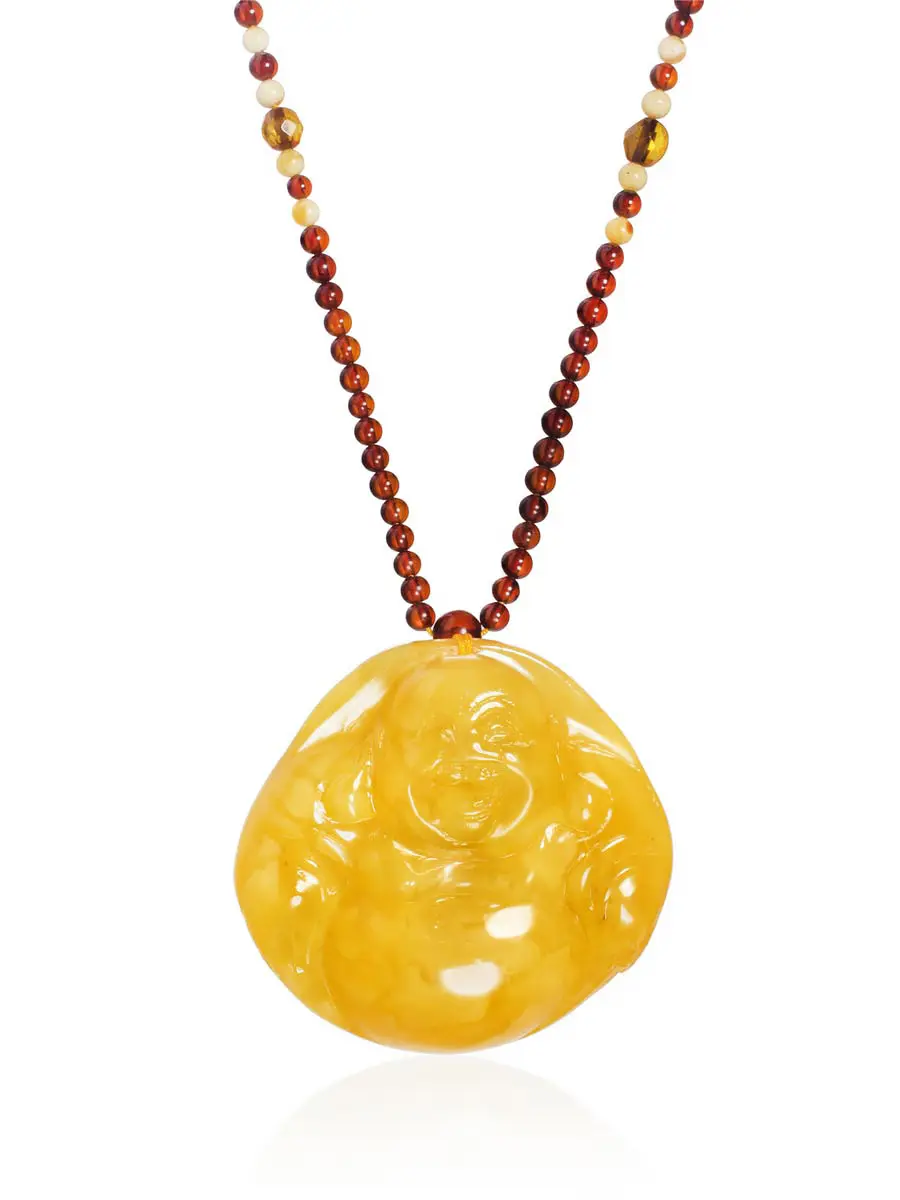 картинка Колье с кулоном-резьбой из натурального янтаря медового цвета «Хотэй (Смеющийся Будда)» в онлайн магазине
