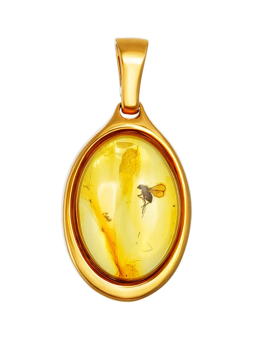 картинка Изящная подвеска «Клио» из натурального янтаря с инклюзом мушки и золочённого серебра в онлайн магазине