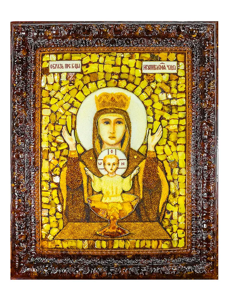 картинка Икона Божией Матери «Неупиваемая чаша» из натурального янтаря в литой раме в онлайн магазине