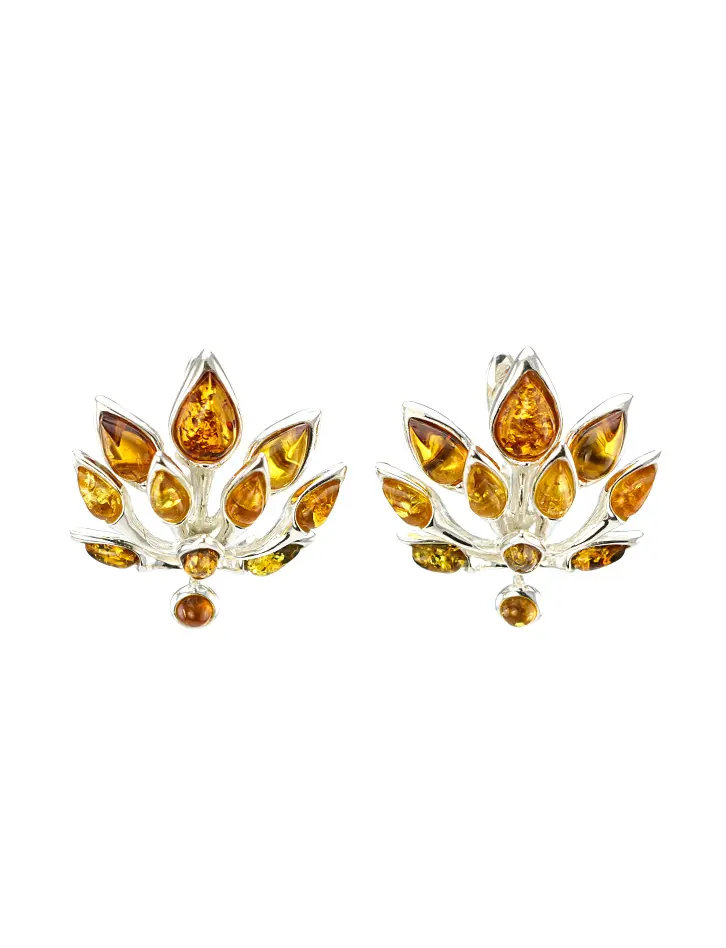 картинка Яркие серебряные серьги с янтарём трёх цветов «Осень» в онлайн магазине
