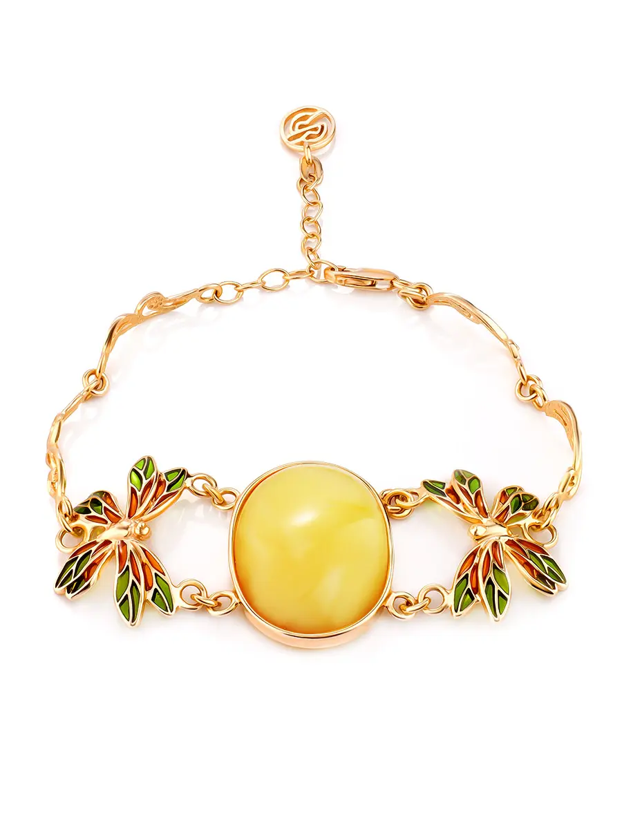 картинка Роскошный браслет «Апрель» из позолоченного серебра с эмалью, украшенный янтарём в онлайн магазине