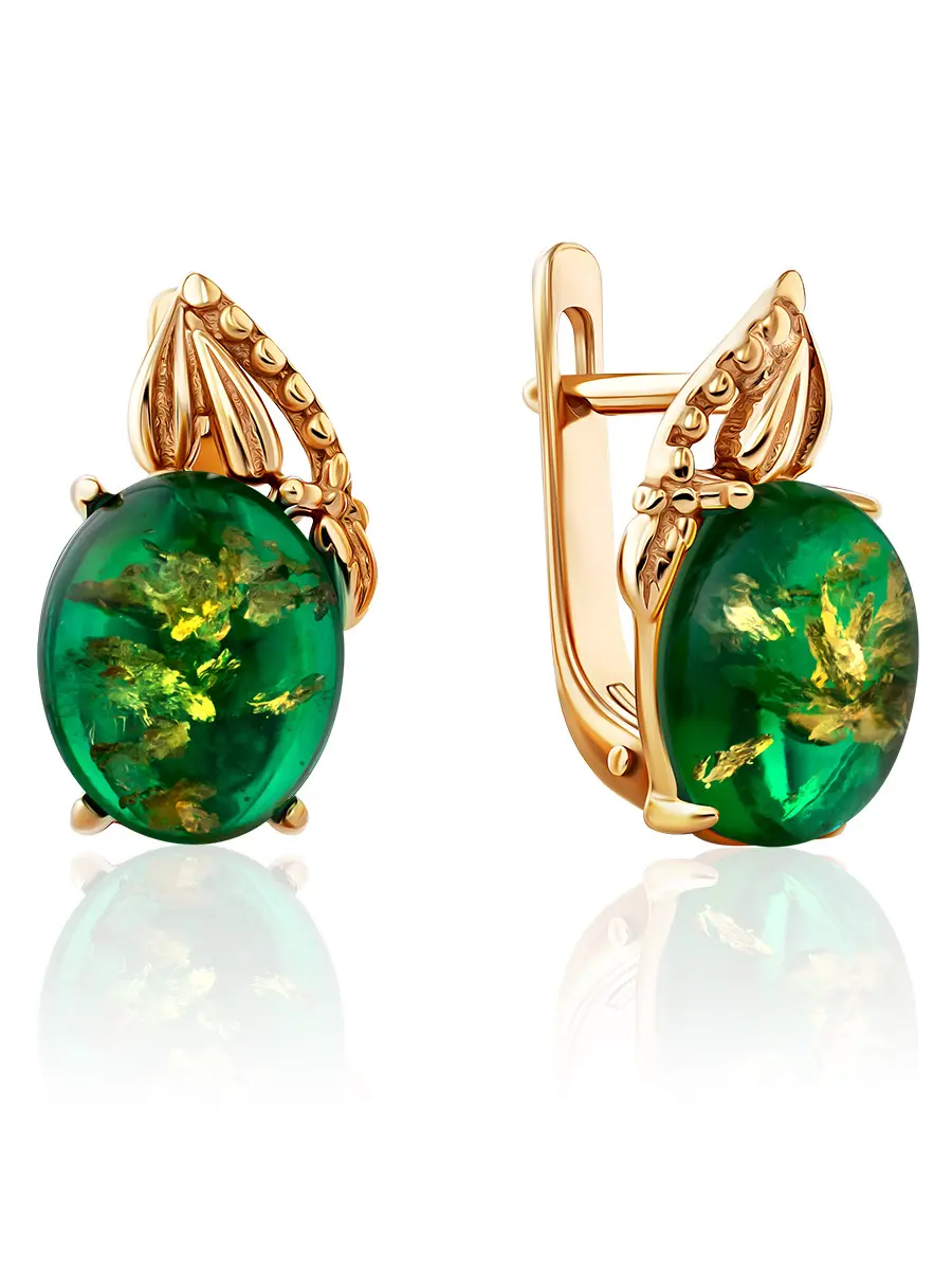 картинка Яркие броские серьги с янтарём изумрудного оттенка «Кармен» в онлайн магазине