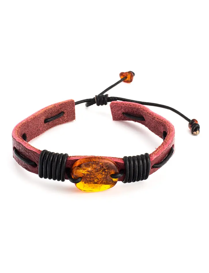 картинка Стильный кожаный браслет с натуральным цельным янтарём «Копакабана» в онлайн магазине