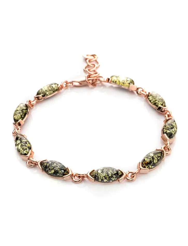 картинка Яркий нарядный браслет «Маркиз» из позолоченного серебра и янтаря зелёного цвета в онлайн магазине